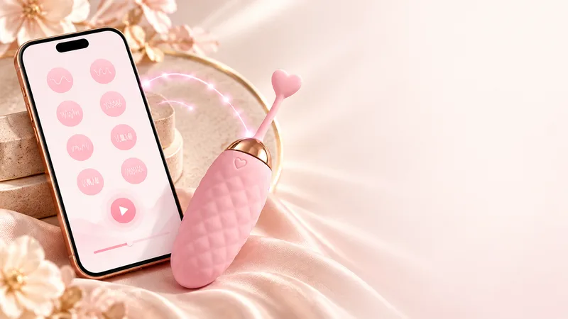 Sakura Pink vibrating egg beside a smartphone running the companion app — pattern, intensity and rhythm controls on screen