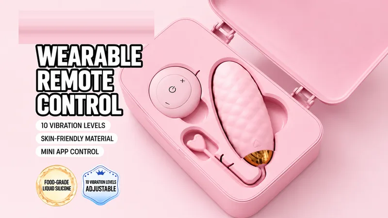 Wearable vibrating egg set — the egg and its wireless remote in the pink storage case